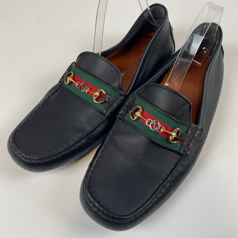 GUCCI Black Leather Driving Loafer Flat LOGO Horsebit Green Red Stripe MENS 11 - Picture 8 of 13